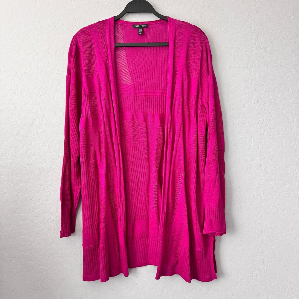 Eileen Fisher Large Cardigan Sweater Fuchsia Long Sleeve Silk Linen Mixed Knit